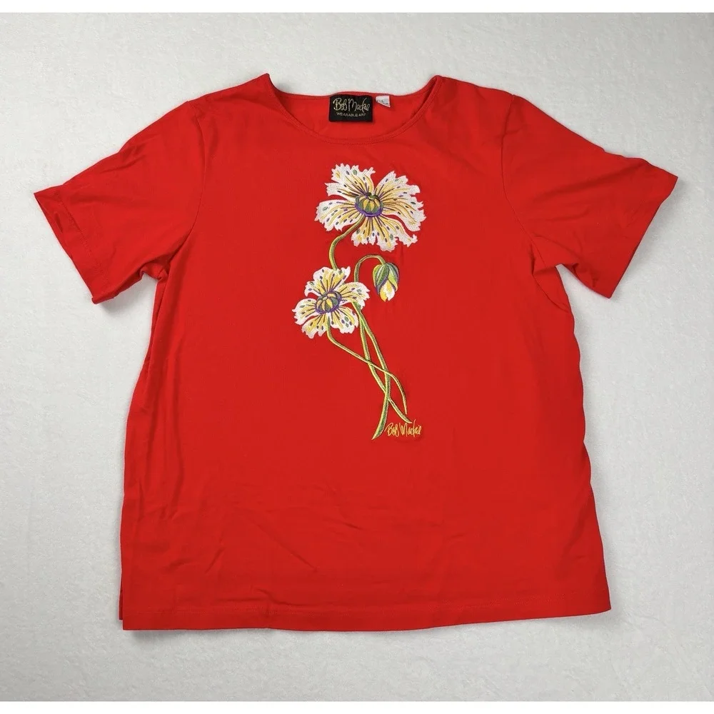 Bob Mackie Wearable Art Red Floral Embroidered Tee Shirt Women's Large